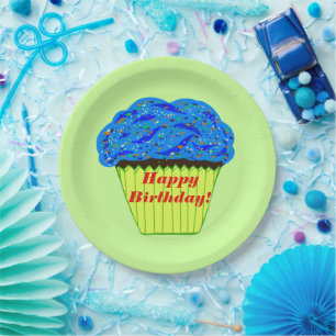 Happy Birthday Blue Cupcake Paper Plates