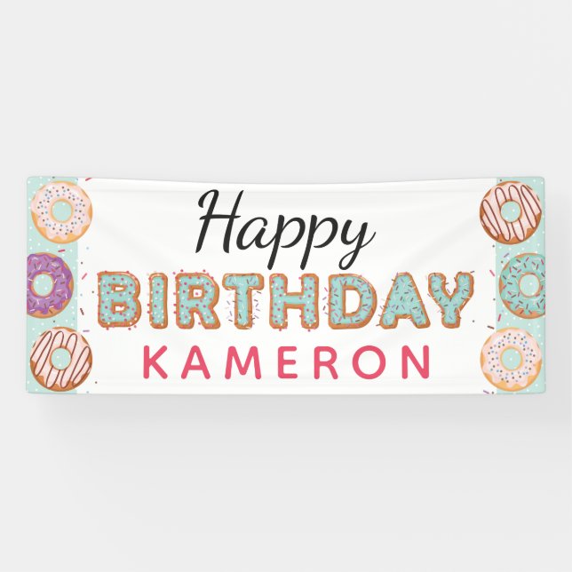 HAPPY BIRTHDAY Blue Doughnuts Baby Boy Custom Name Banner (Horizontal)