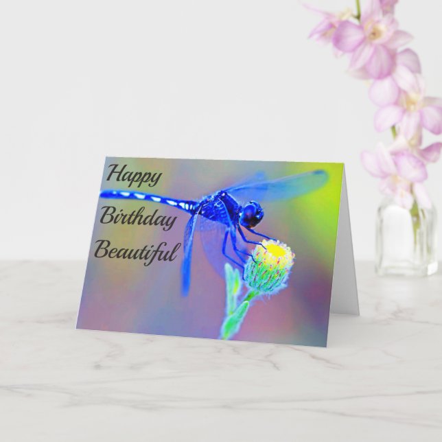 Happy Birthday Blue Dragonfly Spirit Card (Orchid)