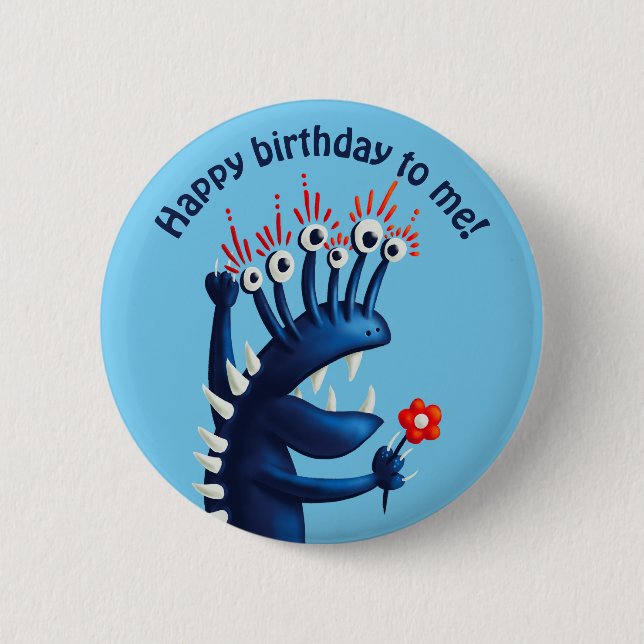 Happy birthday blue funny monster kids 6 cm round badge (Front)