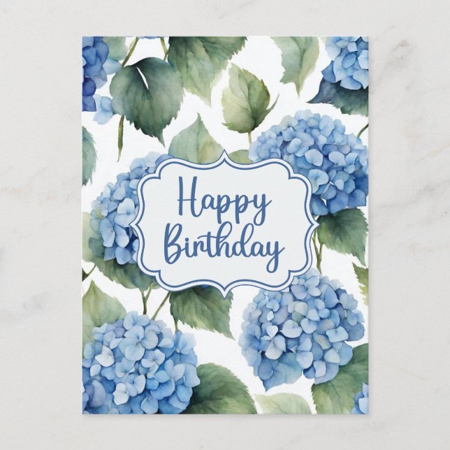 Happy Birthday Blue Hydrangea Flowers Watercolor  Postcard (Front)