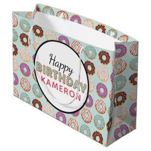 HAPPY BIRTHDAY Blue Iced Doughnuts Pattern With Na Large Gift Bag