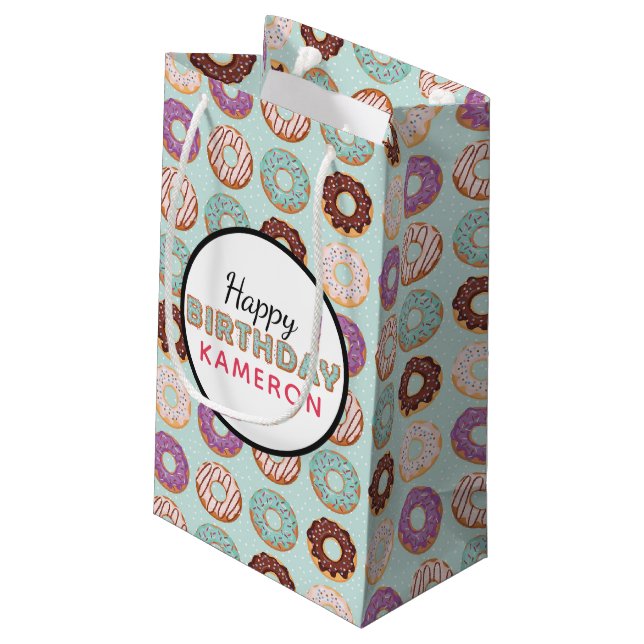HAPPY BIRTHDAY Blue Iced Doughnuts Pattern With Na Small Gift Bag (Back Angled)