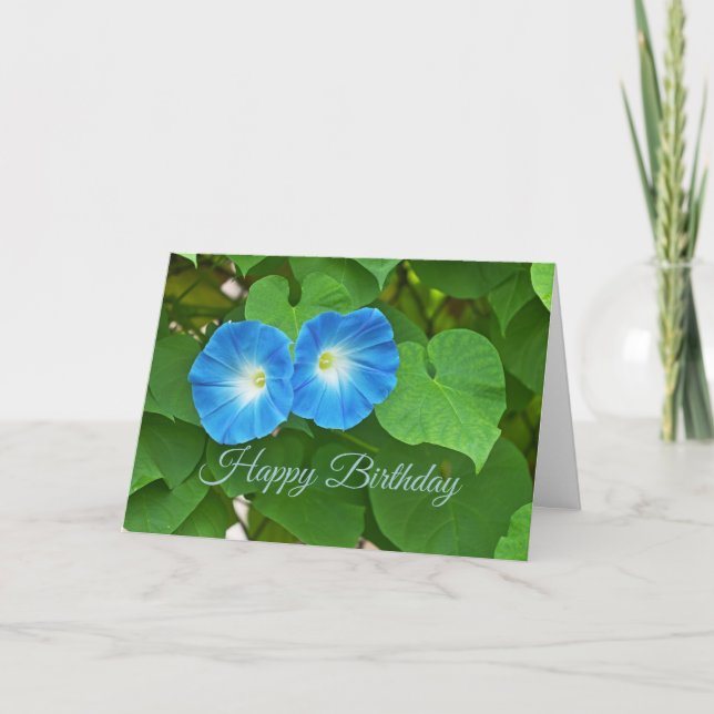 Happy Birthday Blue Morning Glory Flowers  Card (Front)