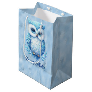 Happy Birthday Blue Owl on Blue Medium Gift Bag