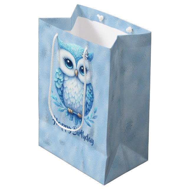 Happy Birthday Blue Owl on Blue Medium Gift Bag (Front Angled)