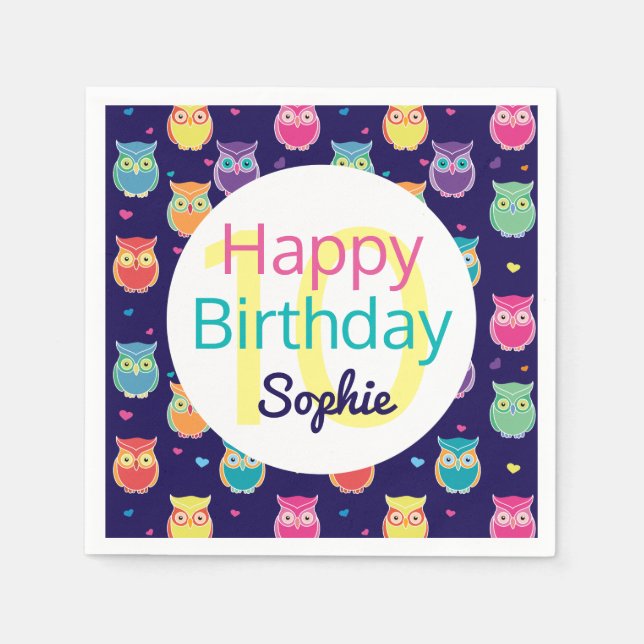 Happy Birthday Blue Owl Pattern Personalised Kids Napkin (Front)