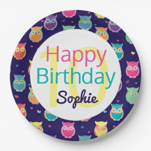 Happy Birthday Blue Owl Pattern Personalised Kids Paper Plate