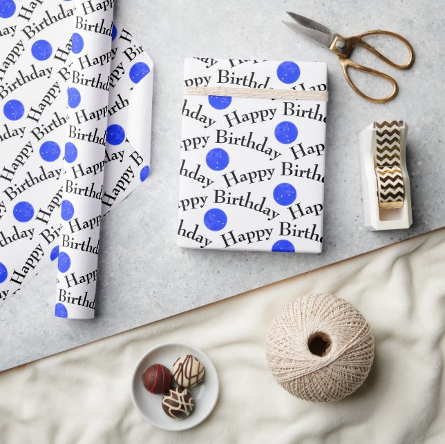 Happy Birthday Blue Pickleballs On White Wrapping Paper (Crafts)