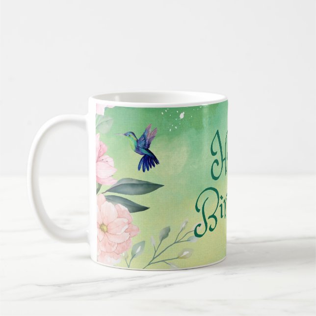 Happy Birthday Blue, Pink Watercolor Flowers Coffee Mug (Left)