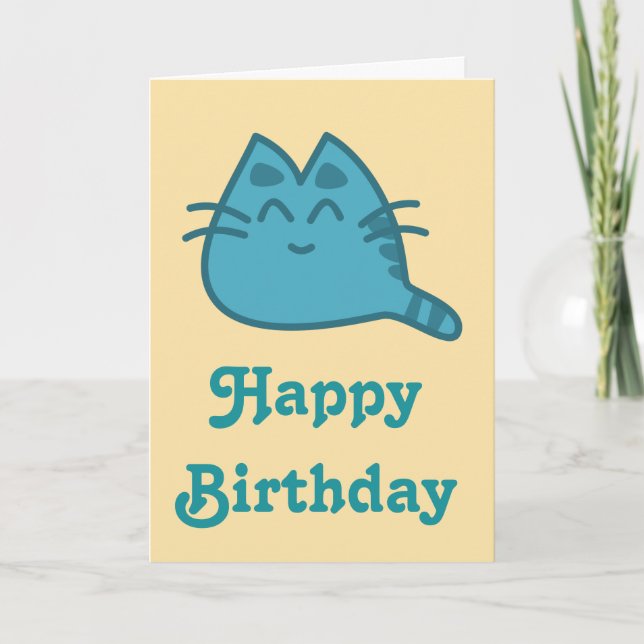 Happy Birthday Blue Smiling Kitty Cat Card (Front)