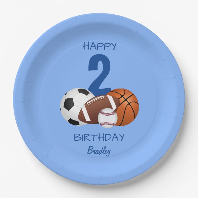 Happy Birthday Blue Sports Kids Paper Plate (Front)