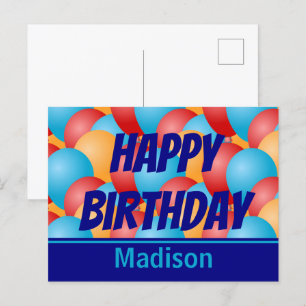 Happy Birthday Blue Yellow Red Balloons & Name Postcard