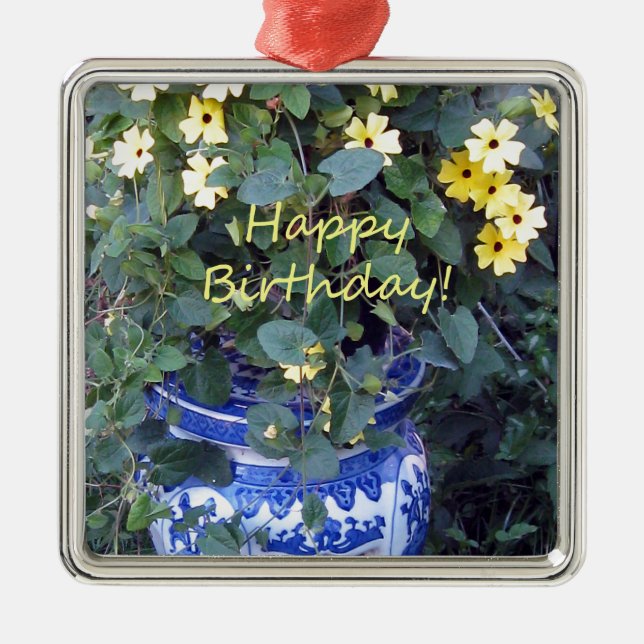 Happy Birthday Blue Yellow vine blue willow Metal Tree Decoration (Front)