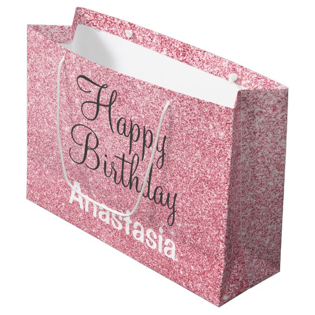 Happy Birthday Blush Pink Rose Gold Glitter Name Large Gift Bag (Front Angled)