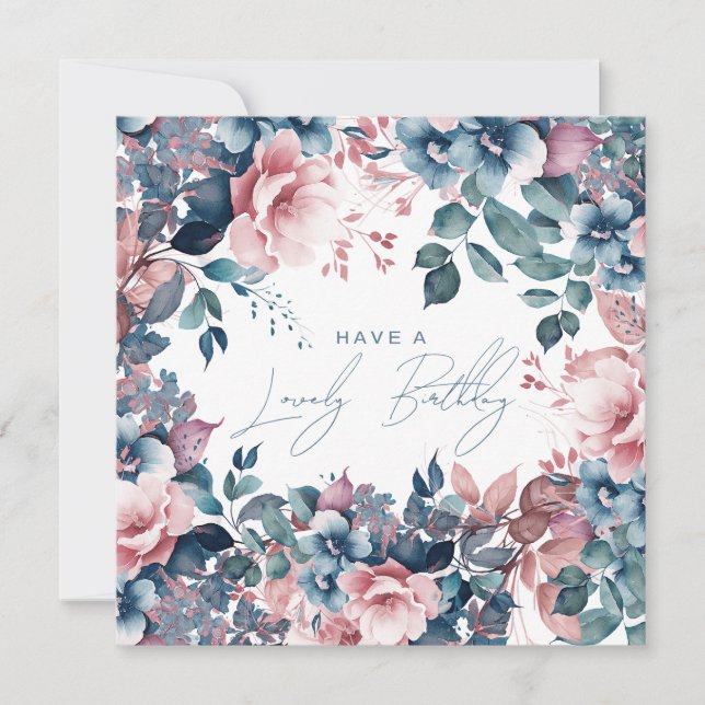 Happy Birthday Bohemian Blue Garden Floral Card (Front)