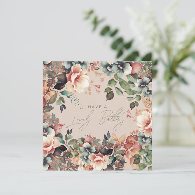 Happy Birthday Bohemian Garden Floral Champagne  Card (Standing Front)