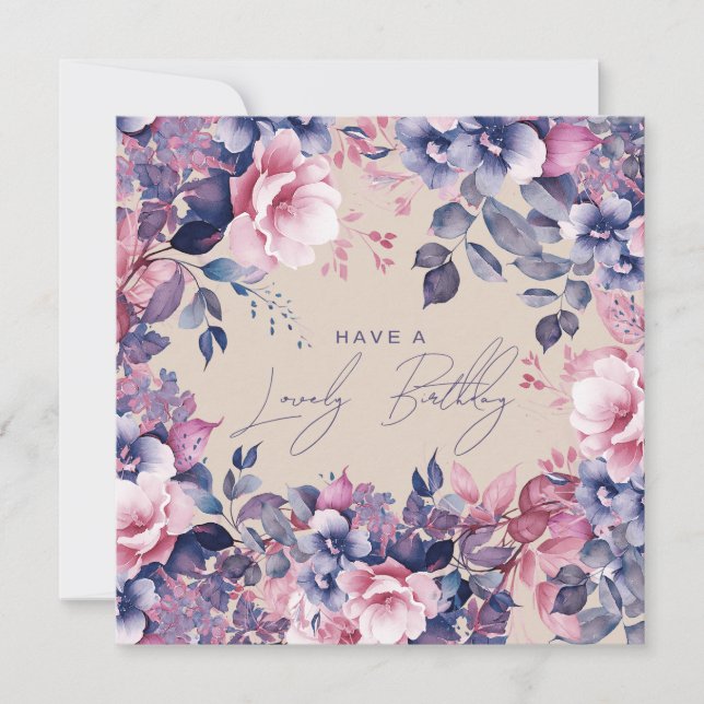 Happy Birthday Boho Purple Garden Floral Champagne Card (Front)