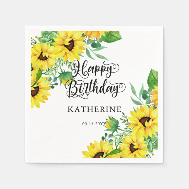 Happy Birthday Boho Sunflowers | Eucalyptus Napkin (Front)