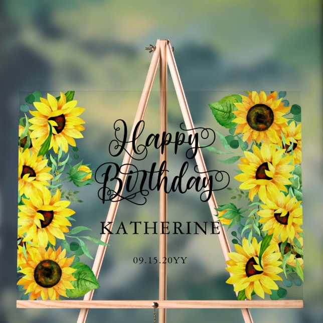 Happy Birthday Boho Sunflowers | Eucalyptus Party Acrylic Sign (Neutral)