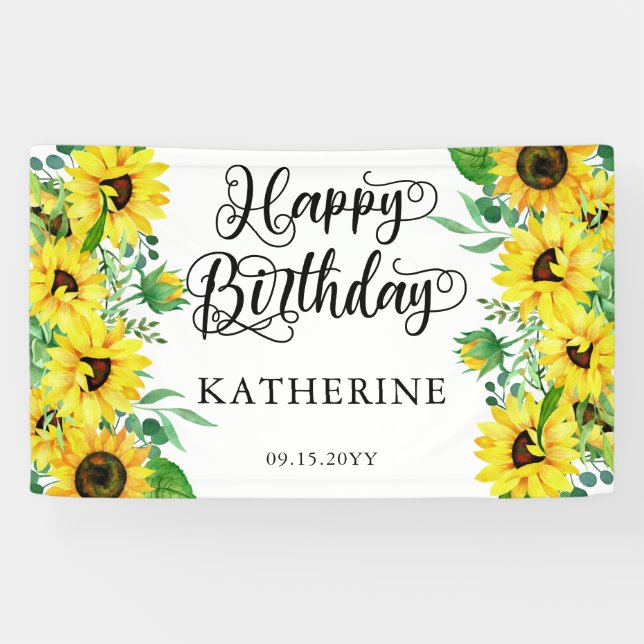 Happy Birthday Boho Sunflowers | Eucalyptus Party Banner (Horizontal)