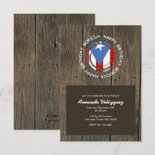 Happy Birthday Boricua Theme on Rustic Wood Invitation
