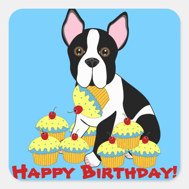 Happy Birthday Boston Terrier Cupcakes Stickers (Front)