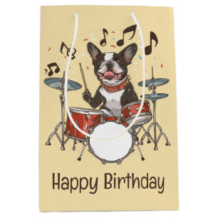 Happy Birthday Boston Terrier Dog Playing Drums Medium Gift Bag