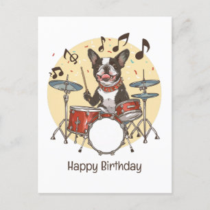 Happy Birthday Boston Terrier Dog Playing Drums Postcard