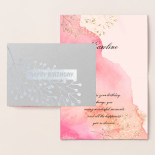 Happy Birthday. Botanical Pink Peach Watercolor Foil Card