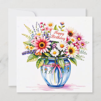 Happy birthday & bouquet of flowers holiday card