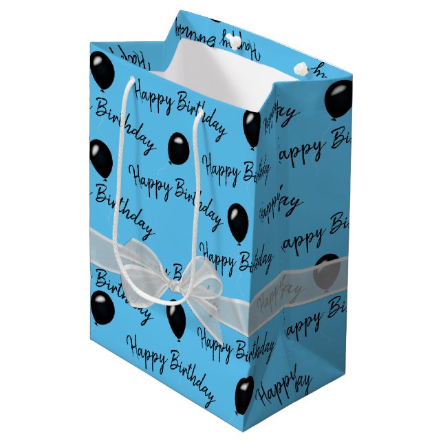 Happy Birthday Bow and Black Balloons   Medium Gift Bag (Front Angled)
