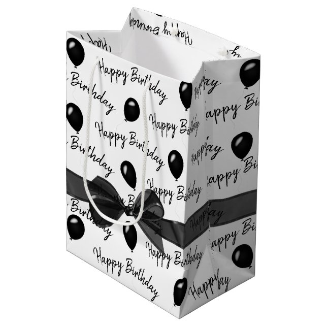 Happy Birthday Bow and Black Balloons   Medium Gift Bag (Front Angled)