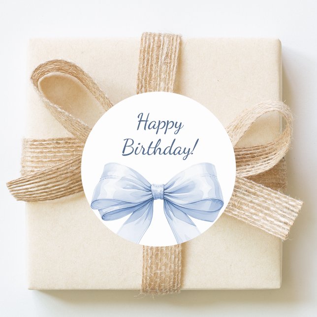 Happy Birthday Bow Light Blue elegant Classic Round Sticker (Creator Uploaded)