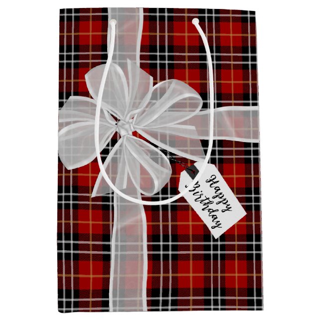 Happy Birthday Bow On Tartan Plaid   Medium Gift Bag (Front)