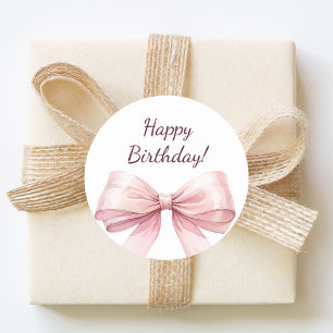 Happy Birthday Bow Pink elegant Classic Round Sticker