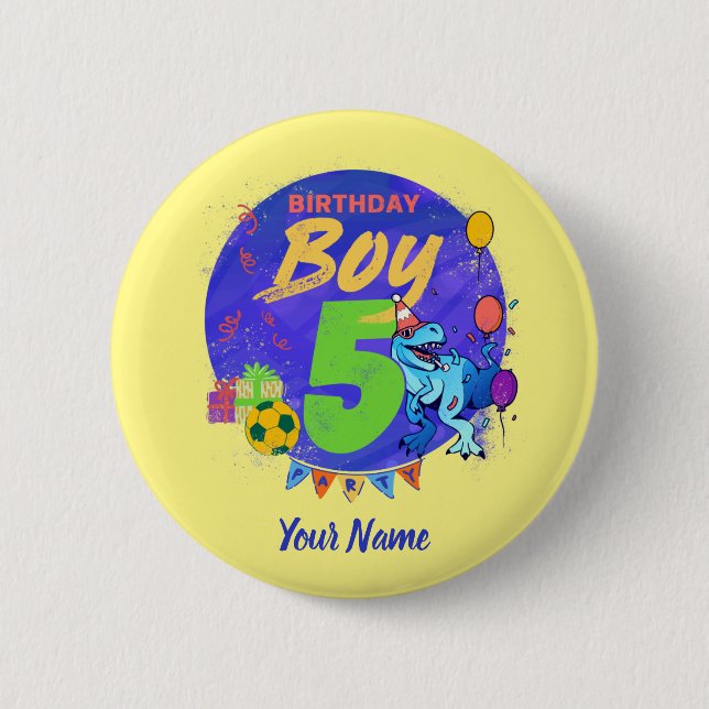 Happy Birthday Boy 5th fifth birthday dinosaur 6 Cm Round Badge (Front)