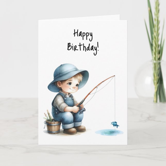 Happy Birthday Boy Fishing Pond Blue Hat Overalls Card (Front)