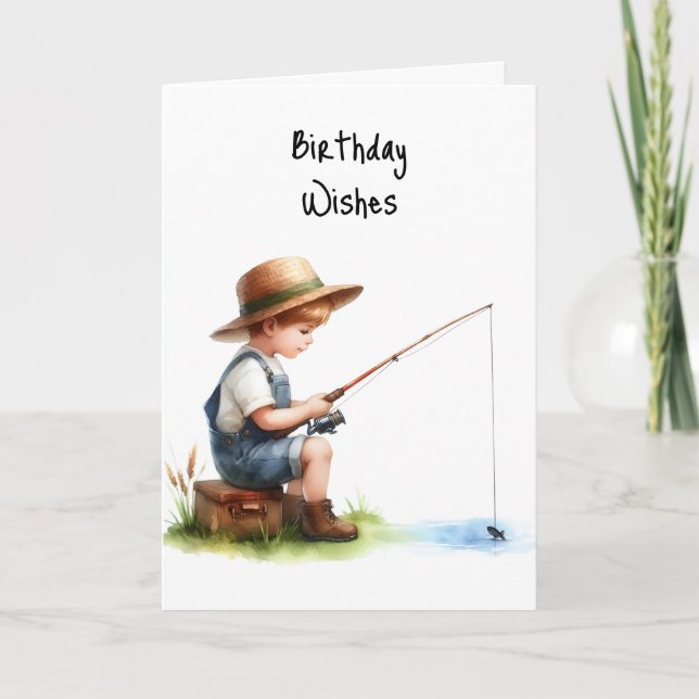 Happy Birthday Boy Fishing Pond Creek Hat Overalls Card (Front)