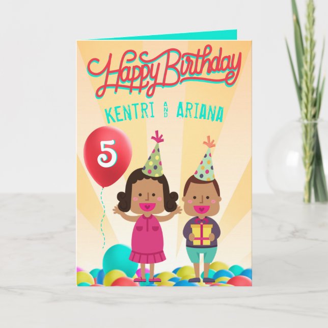 Happy Birthday {Boy & Girl}Ethnic Twins Balloon Card (Front)