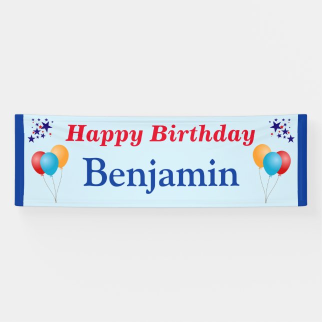Happy Birthday Boy Men Name Balloons Star Any Year Banner (Horizontal)