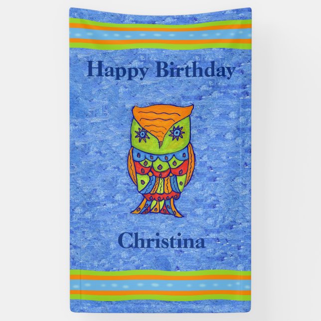 Happy Birthday Bright Fantasy Owl Star Eyes Banner (Vertical)
