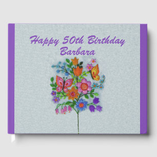 Happy Birthday Bright Flower Bouquet Butterflies Guest Book