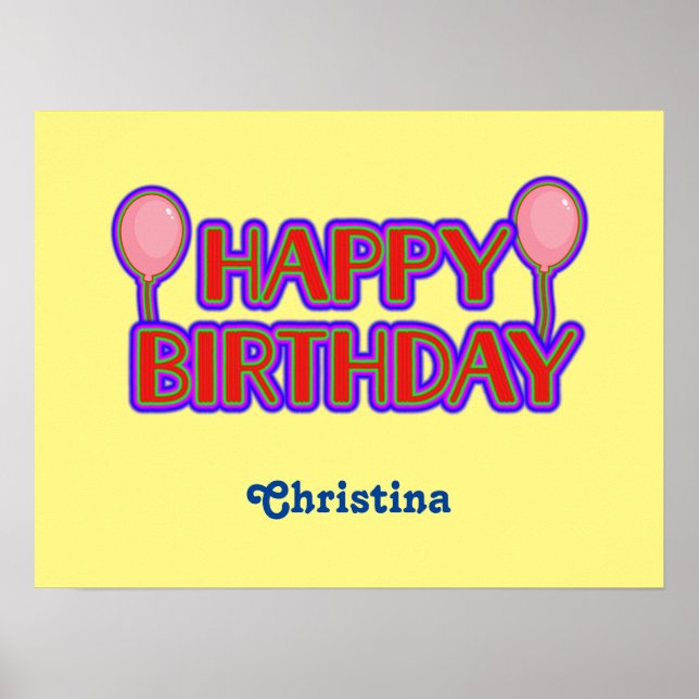 Happy Birthday Bright Outlined Text with Name Poster (Front)