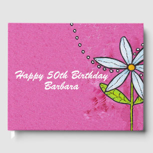 Happy Birthday Bright Pink Bold White Daisy Guest Book