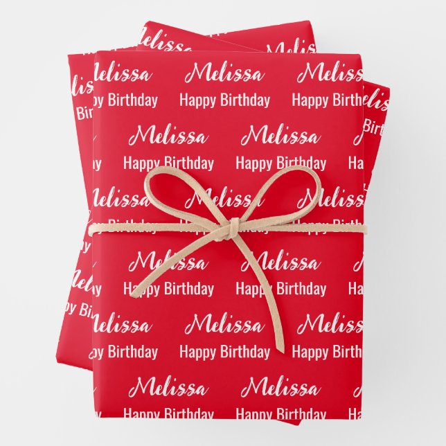 Happy Birthday Bright Red and White Name Pattern Wrapping Paper Sheet (In situ)