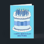 Happy Birthday Brother Cartoon Cake and Candles Card<br><div class="desc">A giant blue and white birthday cake with a bow around it and the words 'Happy Birthday Brother'. The cake is covered with lit candles.</div>