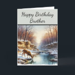 Happy Birthday Brother Deer Buck Card<br><div class="desc">This birthday card showcases a young buck deer gracefully drinking from a serene woodland stream. The scene is enhanced by bluffs and trees lining the waterbank, creating a tranquil nature setting, ideal for a special birthday. Personalise the title and inside greeting to make this card uniquely yours. Alternatively, you may...</div>