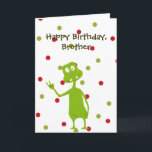 Happy Birthday Brother Space Alien Card<br><div class="desc">Birthday card for that special brother. Drawing of green space alien on a red and green polka dot background. You can edit the text to customise this card for anyone and/or any occasion.</div>