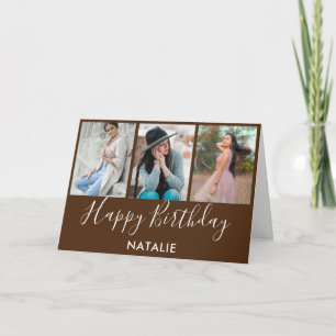 Happy Birthday Brown and White 3 Photo Collage Card